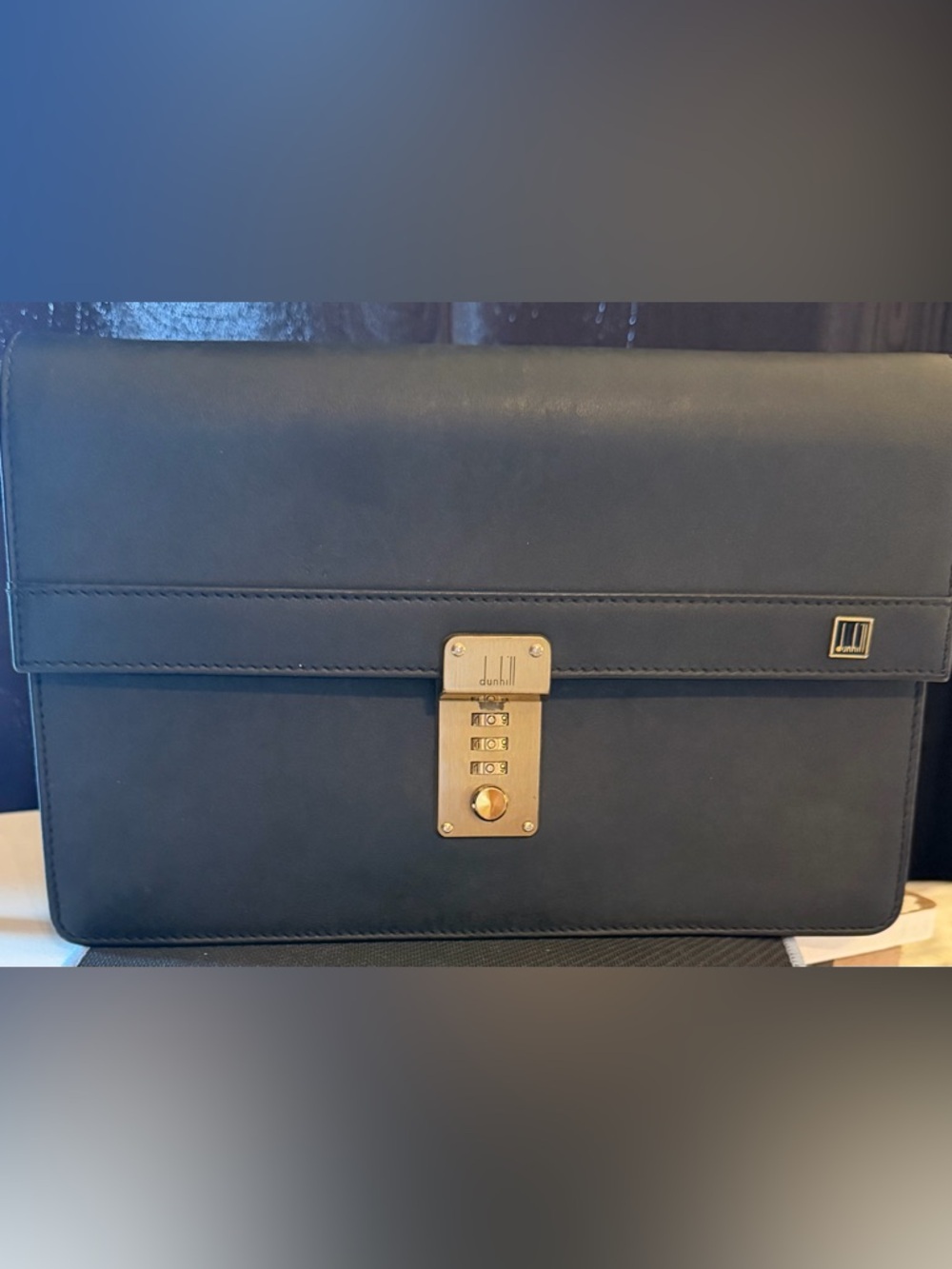 Dunhill Black or Dark Navy Leather Clutch with Gold-Tone Combination Lock